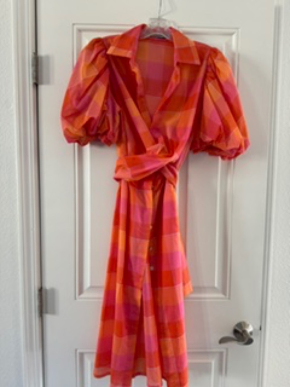 Silvia Tcherassi Perth Puff Sleeve GINGHAM A-LINE MIDI DRESS ORANGE CHECK sz Med